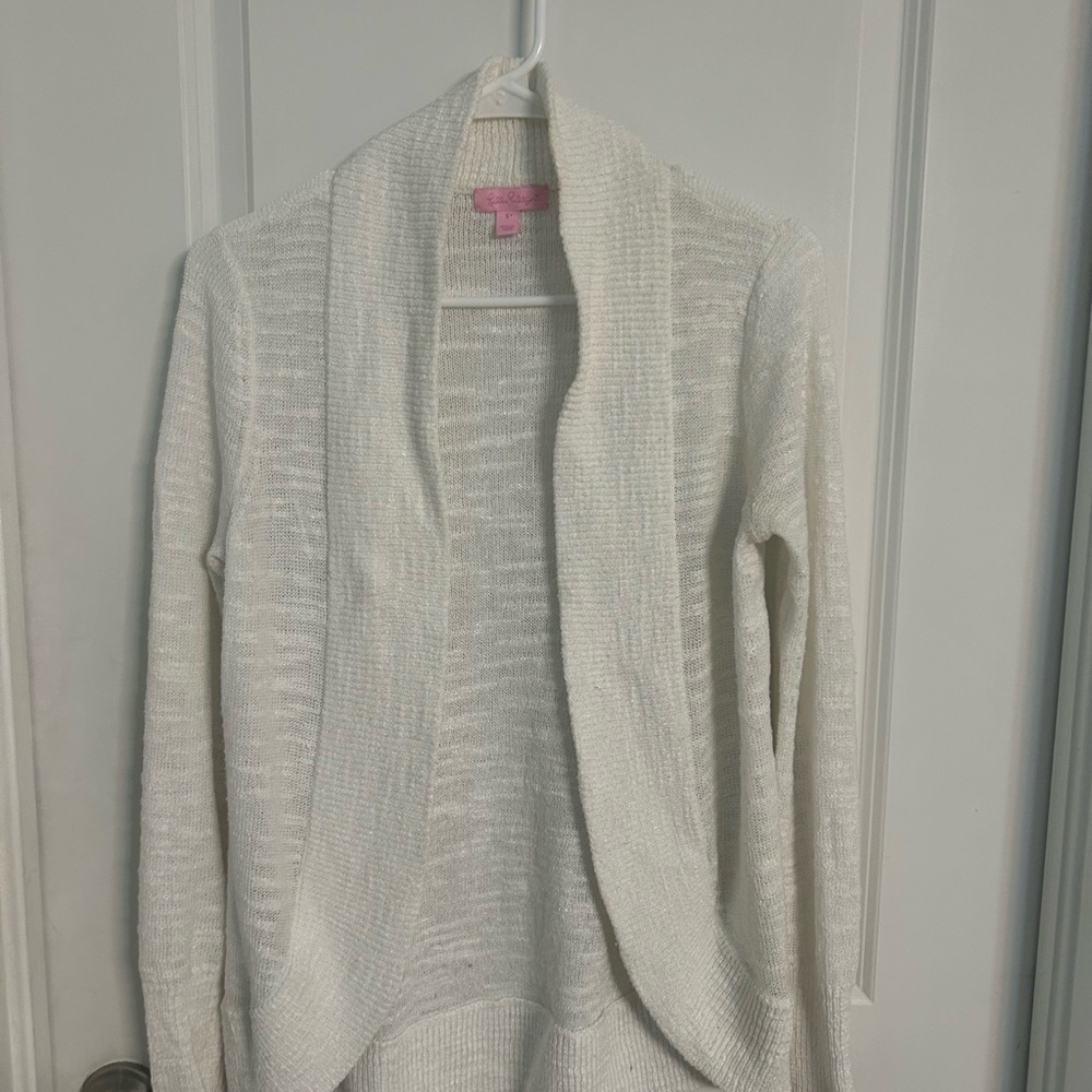 Lilly Pulitzer White Cardigan with Draped Shawl Collar